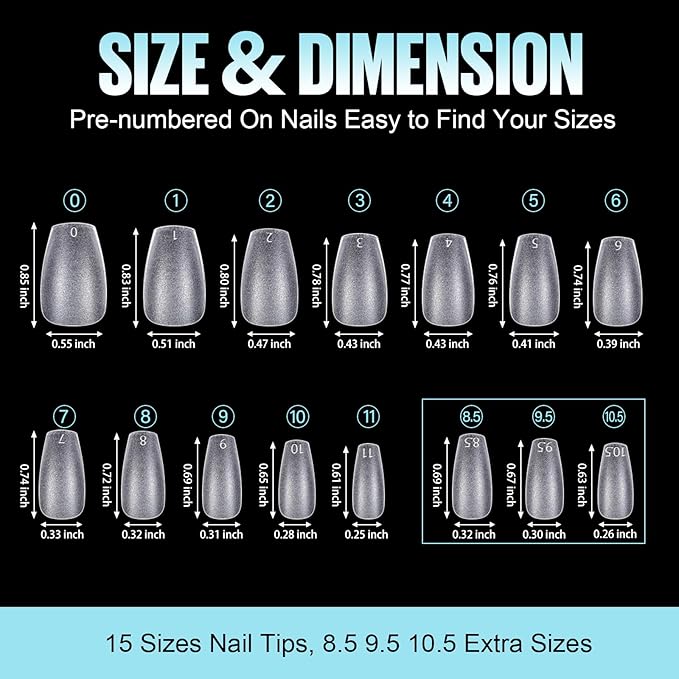 TOMICCA Short Coffin Gel Nail Tips, Full Cover Short Nail Tips, 360Pcs Soft Coffin Nails Matte Fake False Acrylic Press on Nail Home DIY Nail Salon 15 Sizes