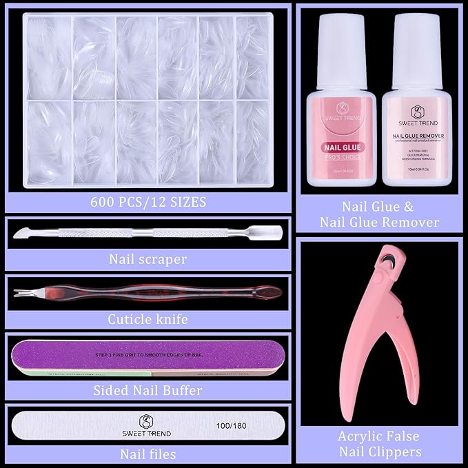 Short Fake Nail Tips Almond: 600Pcs Full Cover Nail Tips for Acrylic Nails Nail Extension Kit with Nail Glue Remover & Glue Acrylic False Nail Clippers Clear Nails Tip Art for Beginners DIY
