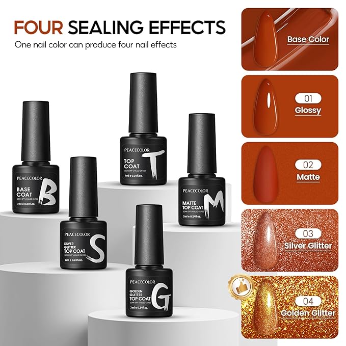Peacecolor Fall Gel Nail Polish Set, 26PCs Gel Polish Kit 20 Colors Glitter Brown Red Orange 5PCs Matte/Glossy/Glitter Top Base Coat Nail Files Manicure Starter Kit Gifts for Women