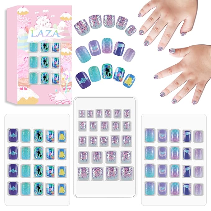 Laza 64pcs Children Nails Press On Pre-glue Full Cover Glitter Tropical Fish Shell Scale Short False Nail Kits for Kids Teenager Girls - Blue Purple Mermaid