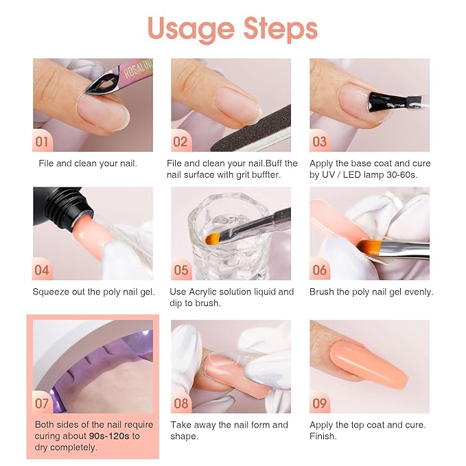 Nude Poly Extension Gel, ROSALIND 2.7 oz Peach Nude Poly Nail Gel Builder for Nail Art Decoration, Nail Thickening Extension Easy to DIY Use at Home Need UV Lamp