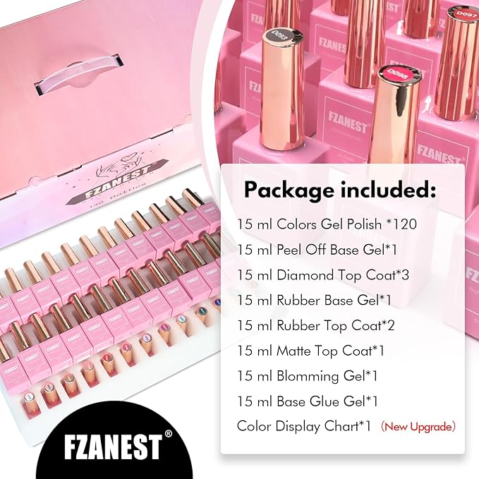 FZANEST 130Pcs 15ml Gel Nail Polish Set With Rubber Base Top Matte Coat 120 Colors Pink Nude Red White Black All Seasons Gel Polish Kit Nail Art Starter For Nail Salon Home Gifts for Women and Girls