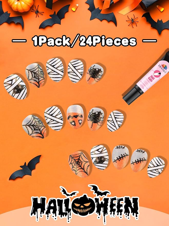 EBANKU Halloween Kid Press on Nails, 24Pcs Sparkle Almond Fake Nails Kit Full Cover Orange Web Cute Design Acrylic Nails with Nail Glue for Girl