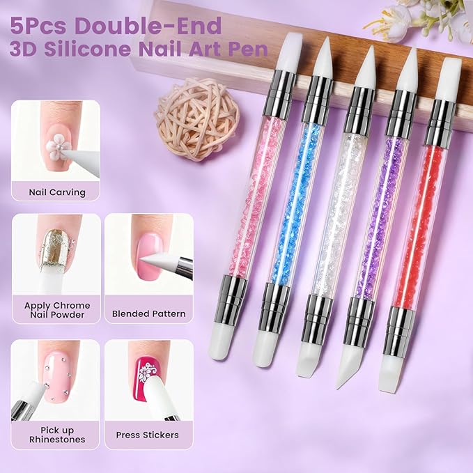 Quaferen Nail Art Brushes 34PCS Dual End Nail Dotting Tools Striping Liner Brushes Silicone Sculpture Brushes Gel Nail Polish Brush with Brush Holder Color Palette for Beginners DIY Salon Home