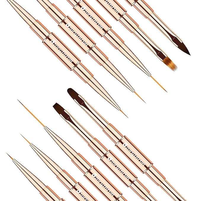 Nail Art Brushes for Nail Art, Professional 5Pcs Double-Ended Acrylic Nail Brush Set for Details, Long Lines, Ombre & 3D Design-Perfect for DIY Manicures & Salons (Gold)