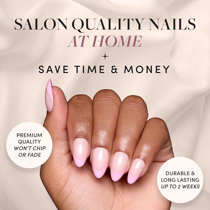 Valentines Day Glamnetic Press On Nails - Pink Macaron | Semi-Transparent Light Pink Pastel French Tip Short Almond Fake Nails in a Glossy Finish, Salon Quality | 15 Sizes - 30 Nail Kit