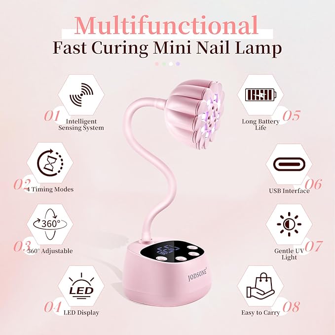 JODSONE Fast Curing U V Nail Lamp - Portable and Flexible Gooseneck Lamp with 360° Adjustable Design, Rechargeable LED Dryer for Gel Polish, Auto Sensor & 4 Timers, Home DIY Manicure Light Rose Pink