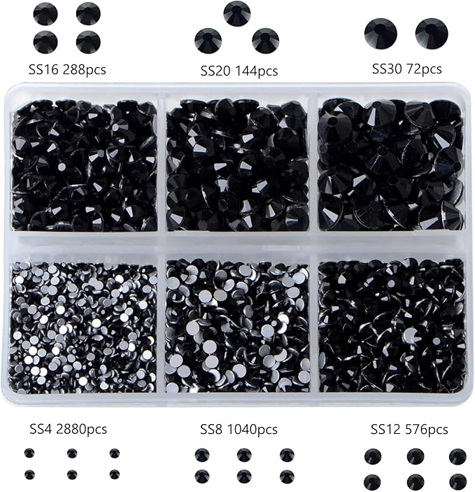 Bymitel 5000 Pieces 6 Mixed Sizes Glue Fix on Glass Rhinestones Round Crystal Gems Flatback for DIY Jewelry Making with one Picking Pen(Mix: SS4-SS30/5000PCS, Black)