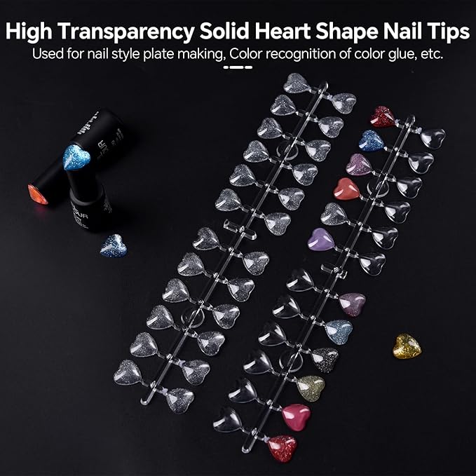 144Pcs Heart Fake Nail Display Tips False Nail Color Display Tips Clear Nail Art Collection Chart Nail Polish Color Card Nail Art Tool for Nail Swatches Training Practicing Sample