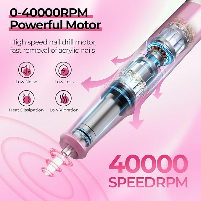 40000RPM Electric Nail File Drill Professional Kit, Drill Machine with LCD Display, Manicure Pedicure Polishing Acrylic Gel Nail Grinder for Salon, Home Use