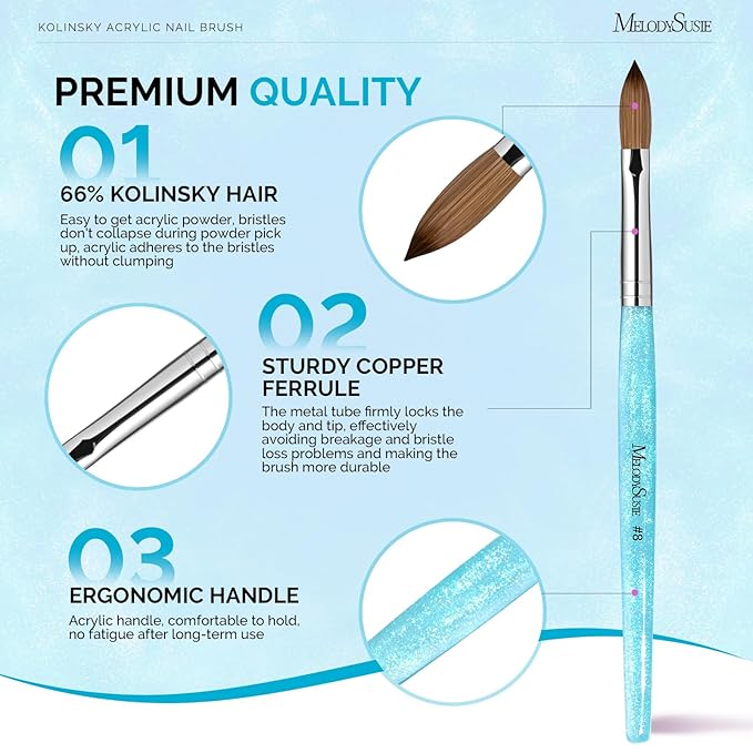 MelodySusie Kolinsky Acrylic Nail Brush,66% Kolinsky Hair Professional Nail Art Brush for Acrylic Application, Aurora Collection Fine Glitter Brush, Blue, Size 8