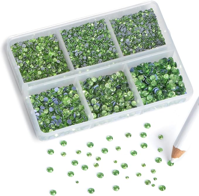 8000pcs Hotfix Rhinestones Flatback,Rhinestones for Crafts Clothes Mixed 6 Sizes, Hotfix Crystals with Wax Pencil Kit, SS3-SS12,Peridot