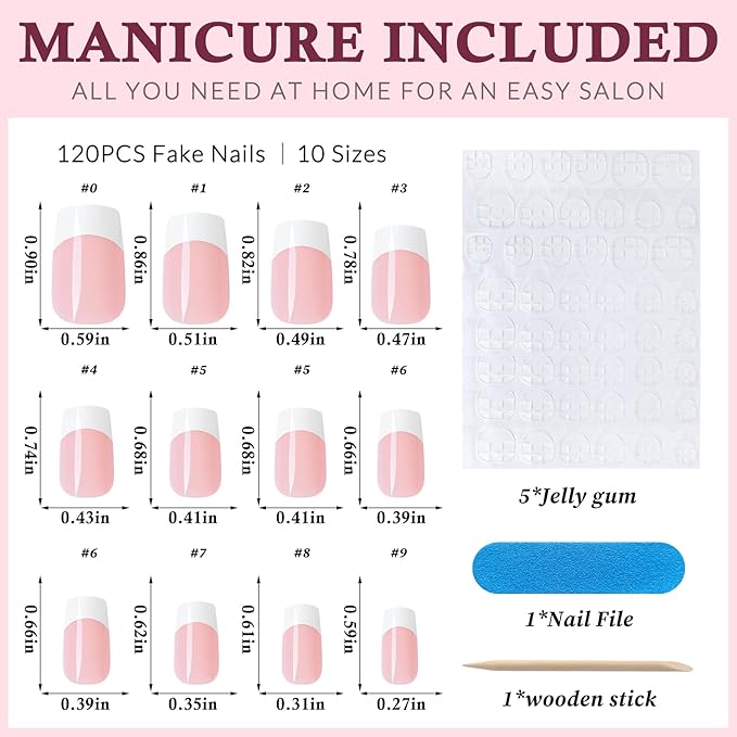 120PC White French Tip Press on Nails Short Fake Nails Press ons with 5*Adhesive Tabs, Pink Square Acrylic Nail Press on Nail French Tip Nails False Artificial Fingernails Stick on Nails-F