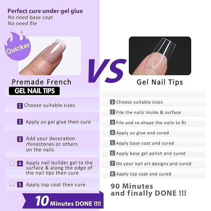 Gel French Tip Nails Short Square French Tip Press on Nails SXVME White French Nail Tips 150Pcs Pre-applied Tip Primer Natural Skin Tones Fake Nails Extensions Gel Nail Kit for Women Girls DIY