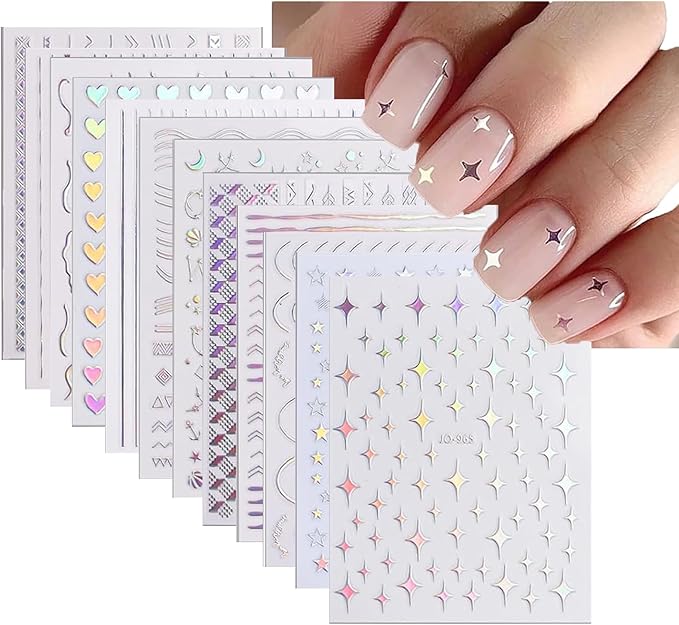 12 Sheets Aurora Nail Art Stickers Decals 3D Self-Adhesive Pegatinas Uñas Glitter Silver Nail Stickers Holographic Heart Star Fire Nail Supplies Nail Art Design Decoration Accessories for Women Girls