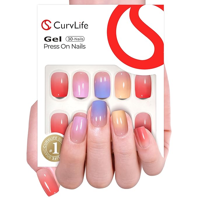 Curvlife Short Square Press On Nails Candy Colours Fake Nails Tips Design Glossy Acrylic Nails Stick On Nails Tips Glue On Nails For Women