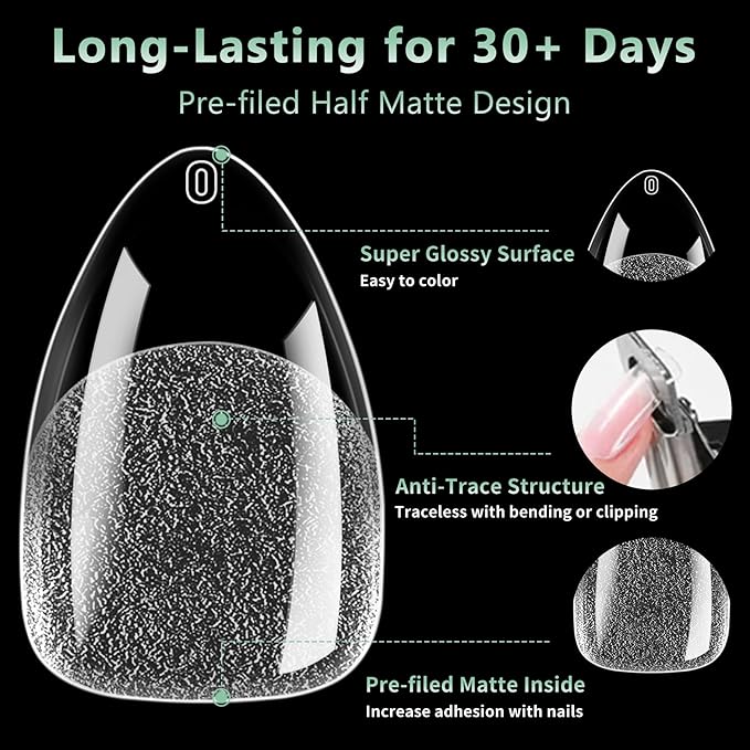 Short Almond Nail Tips, 15 Sizes 240 PCS Clear Acrylic Soft Fake Nails Gel Nail Tips, Full Cover Pre-Shaped Matte Long Lasting Press on Nails Extension for DIY Beginners & Salon Manicure