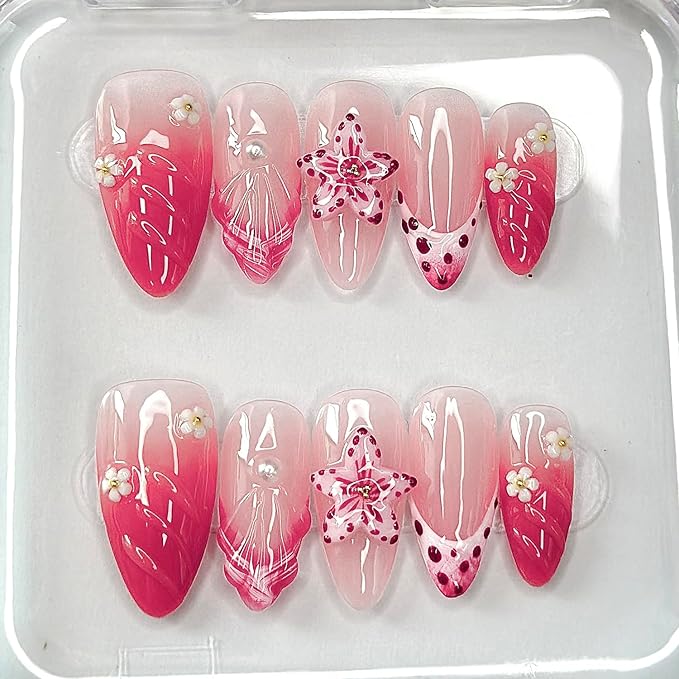 Luxury Press on Nails Medium Almond French Tip Handmade 3D Unique Reusable ABS Material Fake Nails Pink False Nails with Designs Pearls Floral Art Petal Glossy Glue on Nails Thick Acrylic Nails(S)