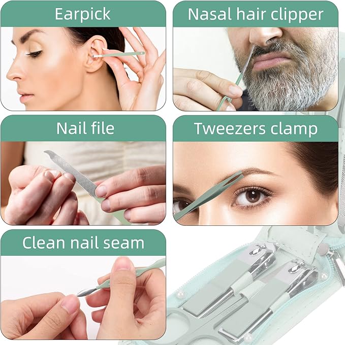 12-Piece Nail Care Kit, Mint Green Leather Travel Case,Manicure Set Personal Care, Nail Clipper Kit,Nail Tools with Luxurious Travel Case, Gifts for Men Women Family Friend