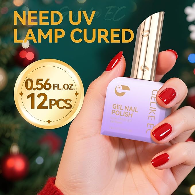 Gelike EC Christmas Gel Polish Set: Highly Pigmented Gel Nail Polish with Hema Free Base Top Coat and Greeting Color Cards 12pcs 16ML Big Bottle for Young Women - Festival Gift & DIY at Home
