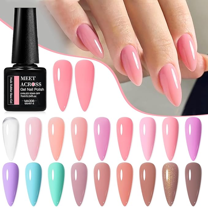 MEET ACROSS 18Pcs Rubber Gel Base Coat for Nails, Nude Brown Rubber Base Gel Polish Pink Violet Strengthener Gel for Thin Weak Nails 7ml