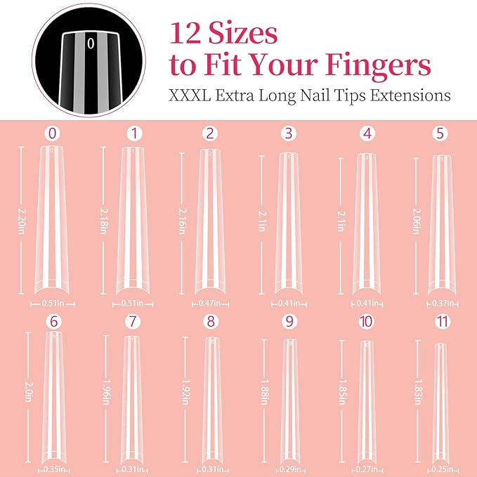 3XL NO C Curve Coffin Nail Tips for Acrylic Nails Professional, 504PCS Clear Extra Long Tapered Square Nail Tip, 12 Sizes Straight Press On Gel Nail Tips for Nail Salons Home DIY