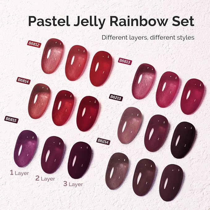 MelodySusie Jelly Gel Nail Polish Set,6 Transparent Colors,Milky or Jelly Texture,Deep Red Colors Soak Off UV LED Light Cure or Salon Manicure and Nail Art DIY at Home 15ML 0.3Fl Oz