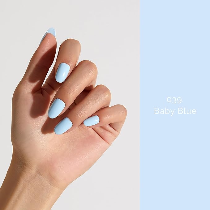Semi Cured Gel Nail Strips - NAILOG 20 Pcs Blue Nail Stickers Extra Long Wraps with Glossy Gel Finishing for Summer, Baby Blue
