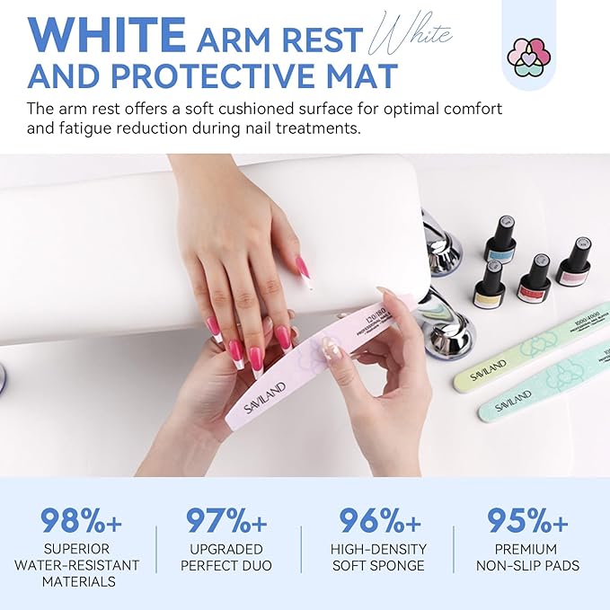 SAVILAND Arm Rest for Nails Tech Professional: 15.7" Full-Length Nail Arm Rest for White Super-Comfort Big Nail Arm Rest with Microfiber Leather Mat Height Hand Pillow Cushion Nail Salon Manicure