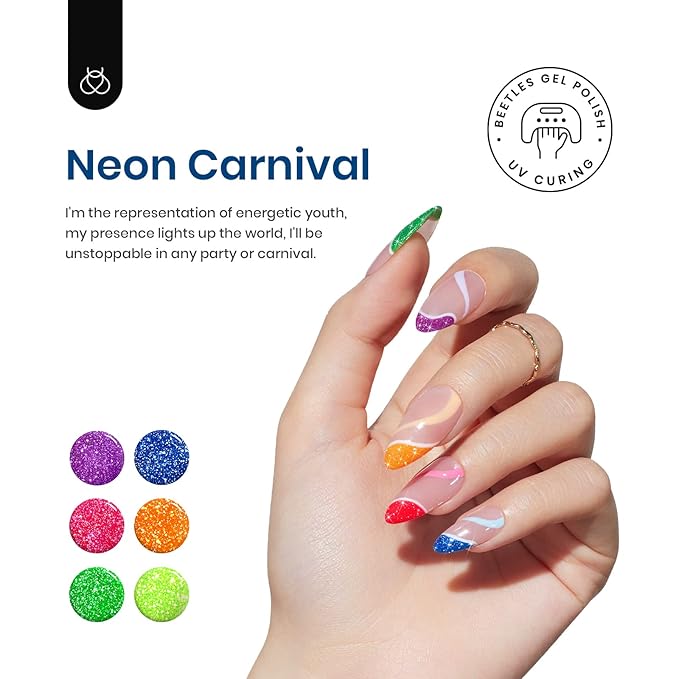 Beetles Reflective Glitter Gel Polish Set 6 Colors Neon Gel Nail Polish Set with 7Pcs Poly Extension Gel Brush Soak Off Uv Led Gel Nail Kit Nails Nail Art Manicure for Women Christmas Gift