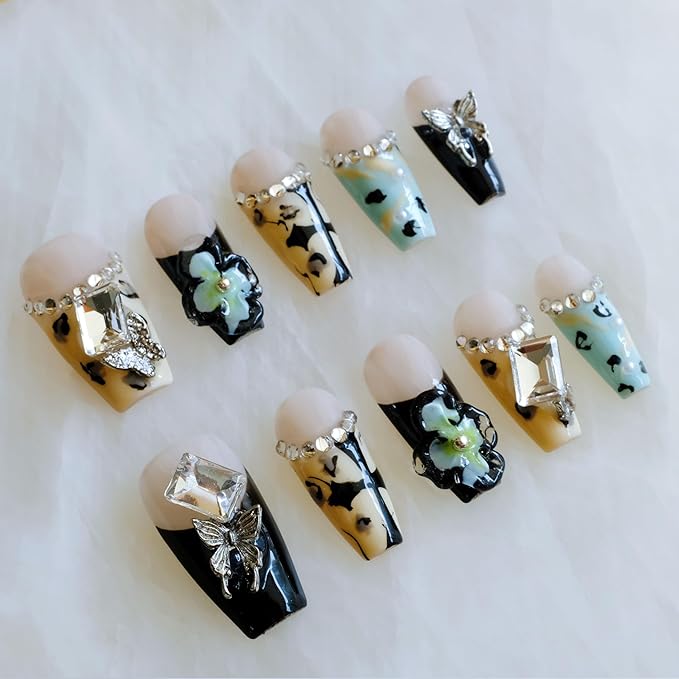 Press On Nails, Long Ballerina Style with 3D Flowers and Crystals, Black and Yellow Design, Handmade False Nail 10 Pieces (Medium,LB)