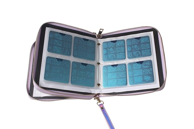 120 Slots Nail Stamping Plate Holder Case Laser Style Rectangular Manicure Nail Art Plate Organizer with Double Zipper Nail Template Case (C)
