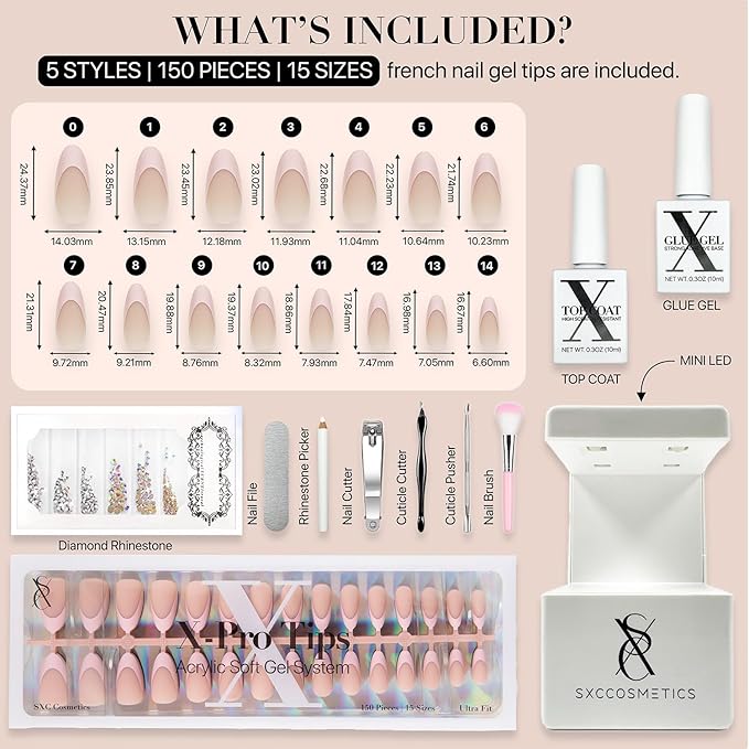 SXC Cosmetics French Tip Press On Nails - Skin Tone Nude and Color Series, Medium Almond X-Pro Tips Starter Kit ST115KIT