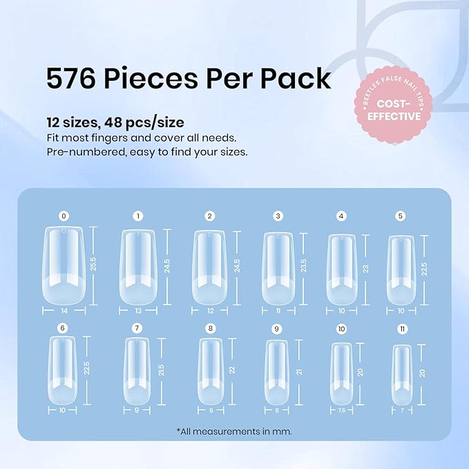 Beetles Gel Nail Tips, 576Pcs 12 Sizes Medium Square Pre-Etched Soft Acrylic False Nail Tips Half Matte Full Cover Press on Nail Extensions Gift Set Home DIY Nail Salon for Women Girls