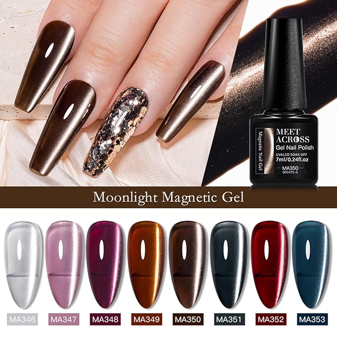 MEET ACROSS Cat Eye Gel Nail Polish Set 12 Pcs, Fall Winter Retro Magnetic Gel Polish, Pink Brown Blue Gray Green Magnetic Nail Polish with Base Top Gel Soak Off Nail Art Salon Manicure Home Gift