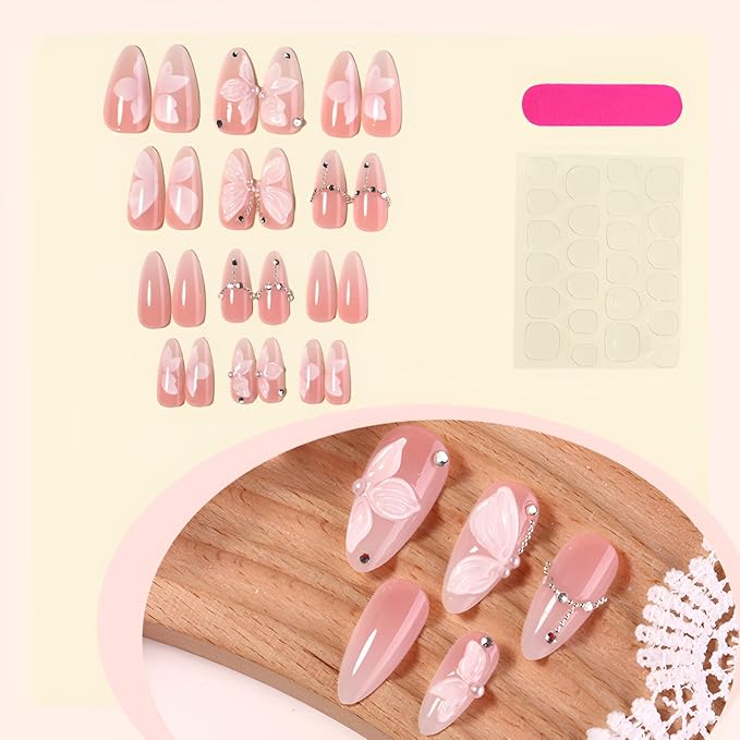 24Pcs Flower Press on Nails Medium Almond Fake Nails Nude False Nails White Flower Nails Press Ons with Pearl Design Glossy Stick on Nail Gradient Stick on Nail for Women Decorations Set