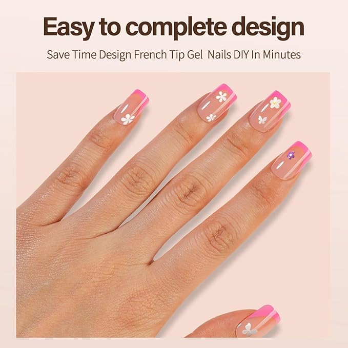 150Pcs French Gel Nail Tips, Vansiho Short Square Nail Tips, Pink Pre-French Tips Press on Nails, Soak Off Soft Gel Acrylic Fake Nails for Nail Art DIY 15 Sizes
