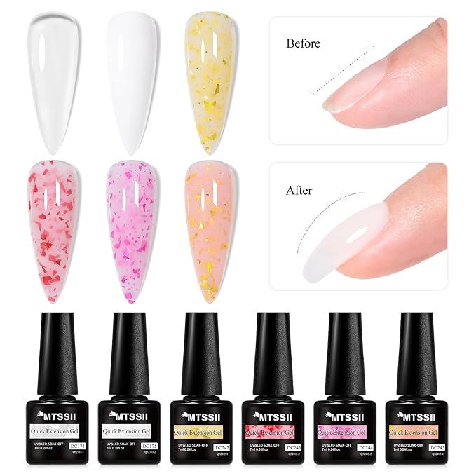 MTSSII Builder Gel for Nails, 6 Colors Hard Gel Polish Extension Kit with 100pcs Nail Forms, Files and Pen Brush Nails Art Manicure Set for DIY at Home