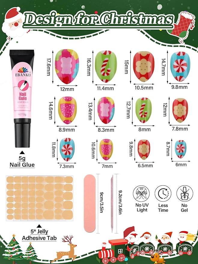 72 Pieces Christmas Press on Nails for Kids, EBANKU 3 Pack Kid Fake Nail Kit Cute Snowman Press on Nails for Girls 7-12 Years with Nail Glue
