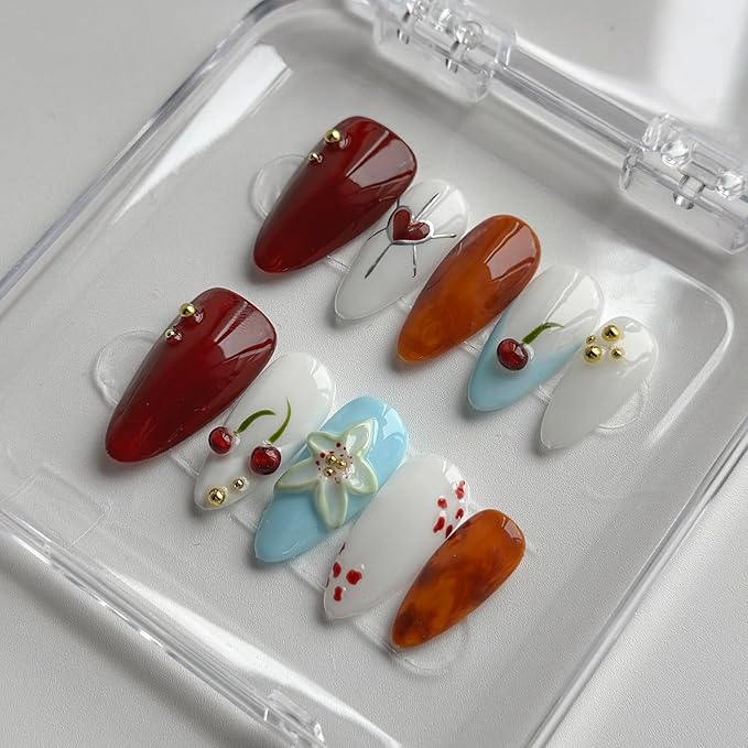 Luxury Press on Nails Medium Almond Handmade 3D Unique Reusable ABS Material Fake Nails French Tip False Nails with Designs Cherry Flower Glossy Heart Glue on Nail Thick Acrylic Nail(M)