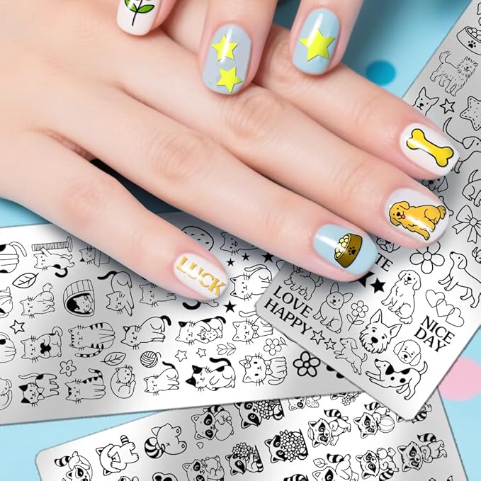 PH PandaHall 3pcs Animals Nail Stamping Plates Cute Cats Dogs Nails Art Templates Pets Raccoons Manicure Image Plates Lovely Puppy Nail Art Stencils for Women Manicures Salon Design Printing