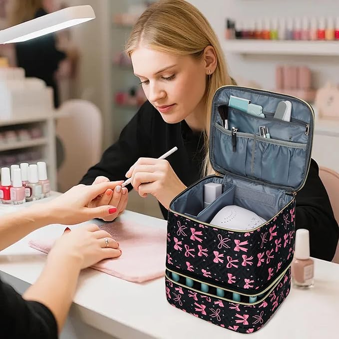 Nail Polish Organizer Aesthetic Nail Organizers and Storage, Bow Nail Supplies Kit Organizer Travel Carrying Case for Manicure Tools (Black, 2 Layer)