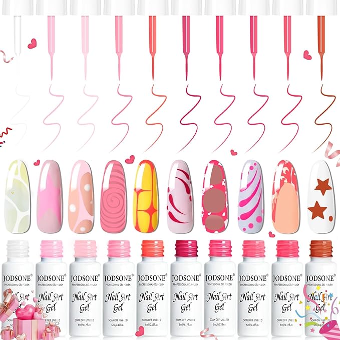 JODSONE Nail Art Gel Liner Set 10 Colors Pink Collection Gel Nail polish Need U V Lamp Cured at Home Salon Design Valentines Gifts for Women & Girls