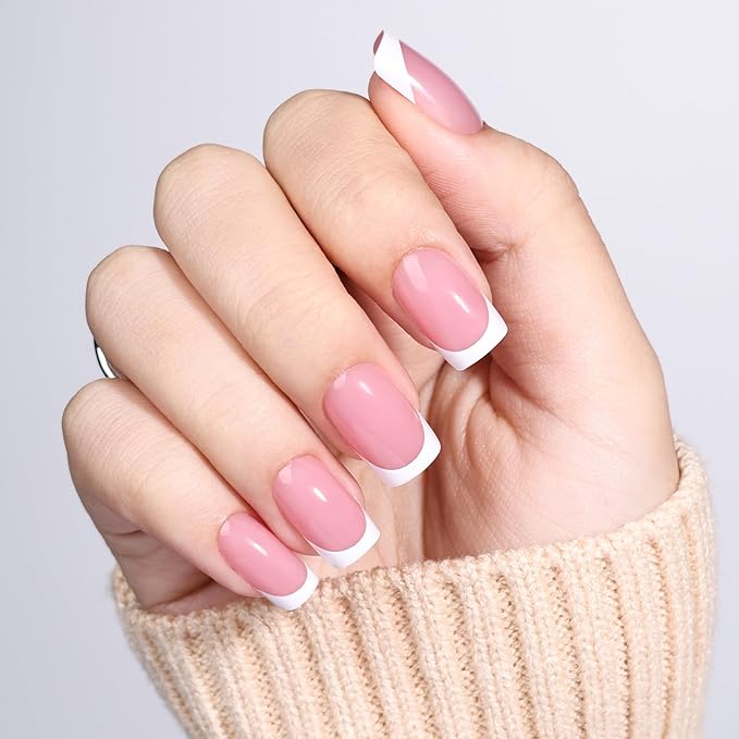 French Tip Press On Nails - Short Square Blush Pink Press on Nails Glossy Nails Press Ons for Women DIY Fake Nails Kit, Reusable Glue on Nails Short in 16 Sizes - 32pcs, Blush Tip