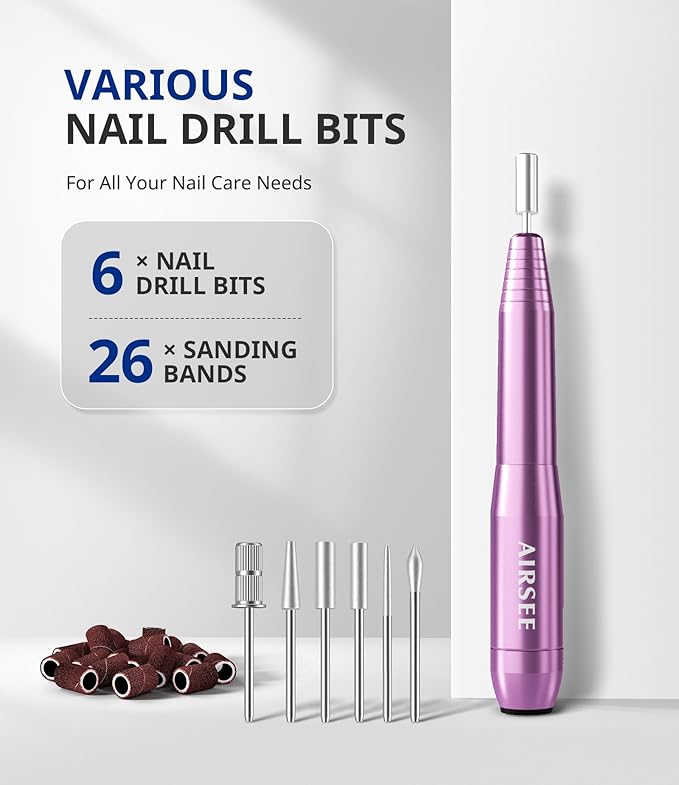 AIRSEE Studio Basic Electric Nail Drill, USB Portable Nail E File Machine for Professional Beginners, Manicure Pedicure Dremel Kit for Salon & Home Use , Purple
