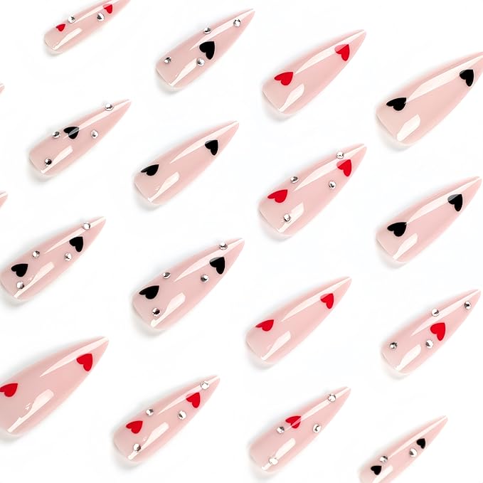 24Pcs Valentines Press on Nails Long Almond Fake Nails Black Red Heart with Rhinestones Design False Nails Romantic Peach Heart Full Cover Glue on Nail Stick on Nails Acrylic Nail for Women DIY Kit