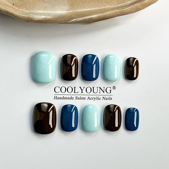 Press On Nails, COOLYOUNG Mixed Color Press On Nails - Blue, Brown, Light Blue, Square Short Acrylic Nails, 25 PCS Handmade Nails