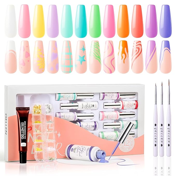 GELLEN Pastel Gel Nail Polish Set, 12 Colors Soft Gel Nail Art Polish for UV Light Soft Liner Nail Art Gel Polish Set Soak off Nails Polish Set with Glue Brush for Home Salon DIY