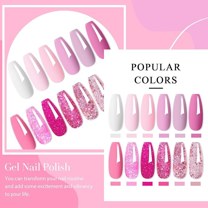MEET ACROSS 12pcs Gel Nail Polish Set,Soak Off UV LED Lamp Gel Nail Polish Kit,Fashion Shimmer Nail Art Design Gifts for Women Manicure Salon (Pink-2)