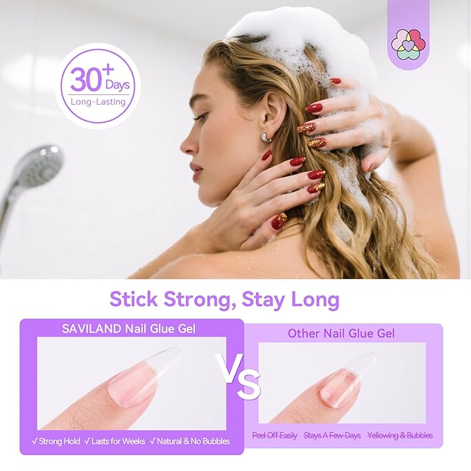 SAVILAND Advanced 6-in-1 Gel Nail Glue: 15 ML Strong Adhesive Nail Glue Gel 30-Day Lasting for Halloween Press on Nails Tips DIY Home Use